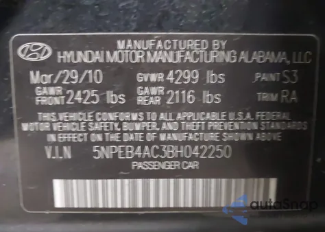 2011 Hyundai Sonata Gls from USA, damaged, VIN 5NPEB4AC3BH042250